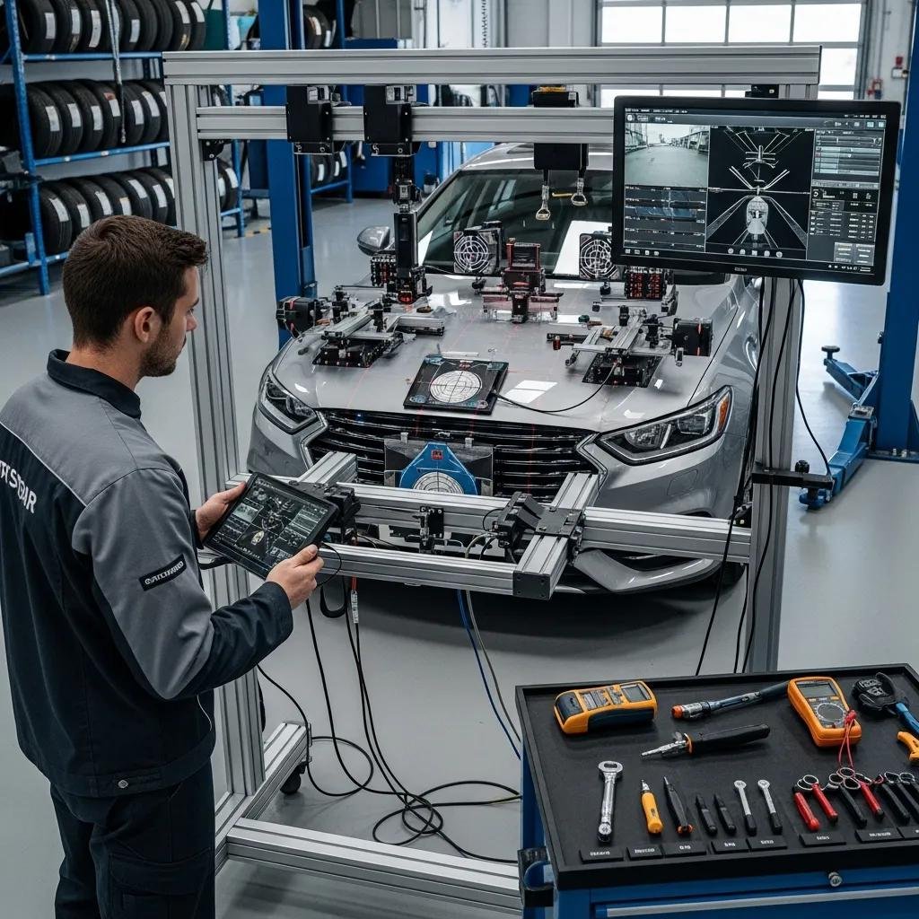 Auto Glass Services in Charlotte, NC 3 Technician calibrating ADAS sensors on a vehicle post-windshield replacement, showcasing advanced technology and precision